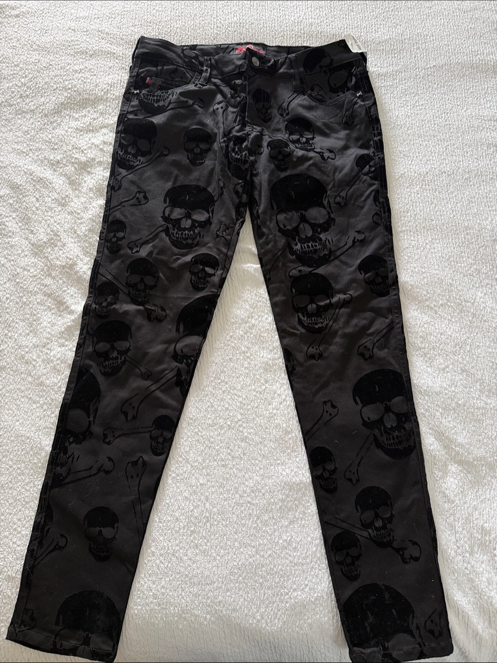 Royal Bones Black Velvet Skull Skinny Pants